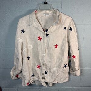 🆕 John Mark Star Print Linen Button-Up Shirt - Red, Navy, White Large 🆕